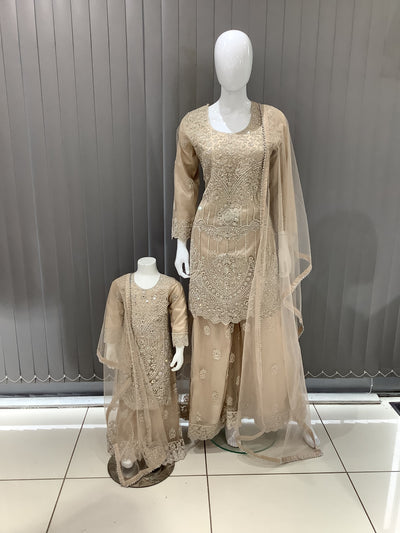 ASHA | Embroidered Net Mother & Daughter Ready To Wear Beige | AS74