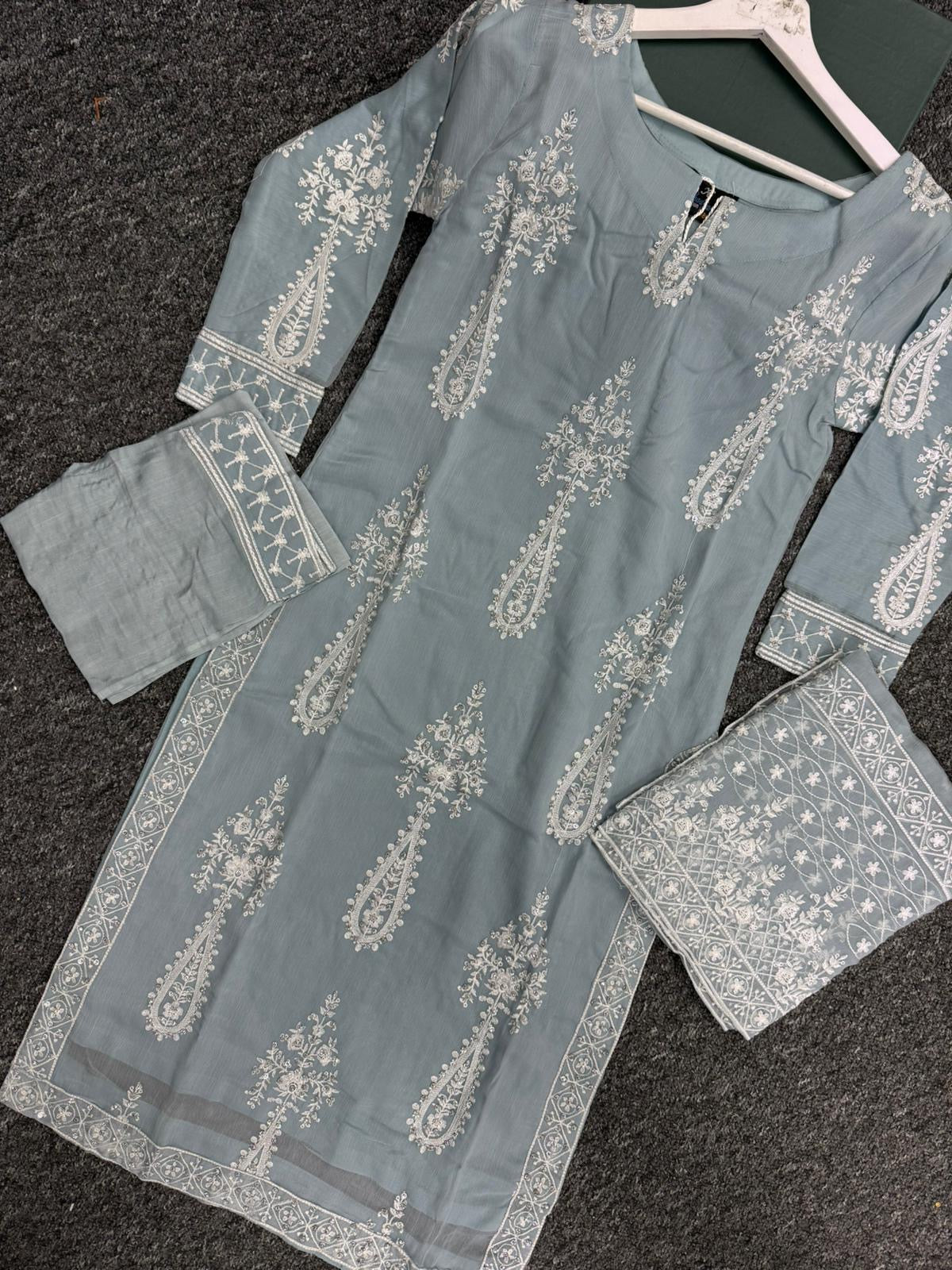 KHADIJAH’S | Embroidered Chiffon 3pc Readymade | KJ171 (Ice Blue)