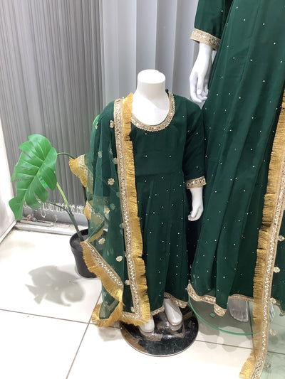 ASHA | Embroidered Chiffon Dress Mother & Daughter Readymade Green | AS63