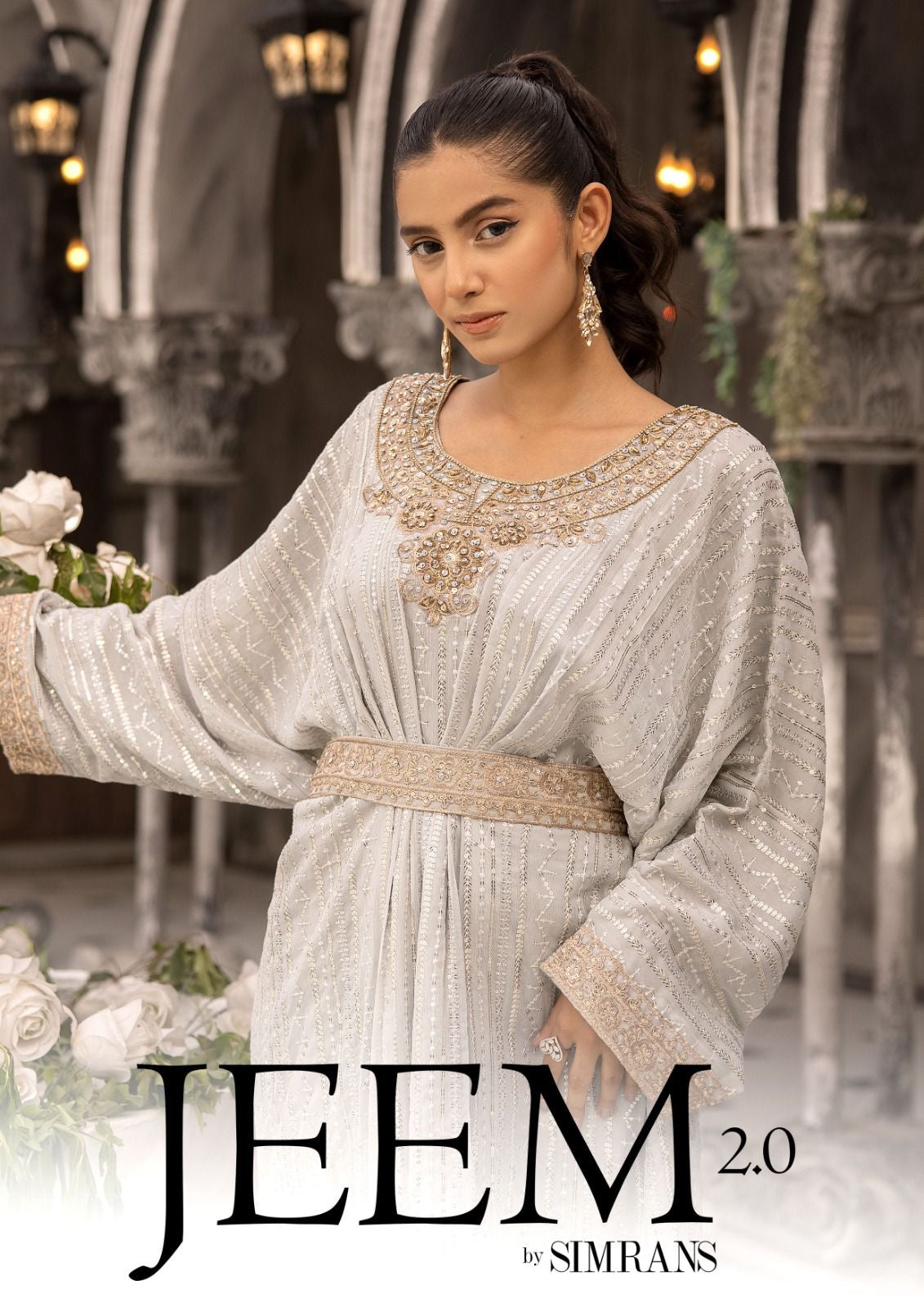 SIMRANS ‘Jeem’ | Embroidered Chiffon Modest  Readymade | SM601 (Silver)