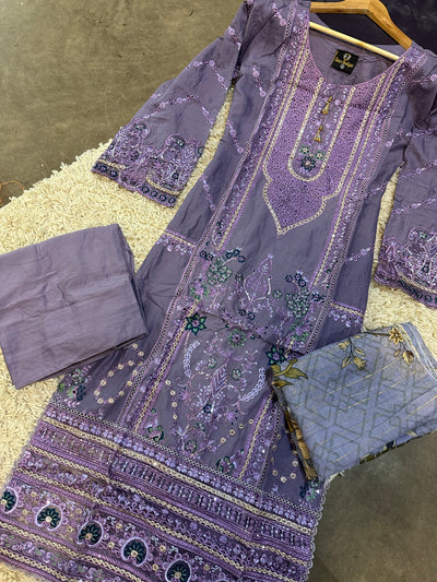 S Creations ‘Ziya’ | Embroidered Schiffli Linen Readymade | SC106 (Purple)