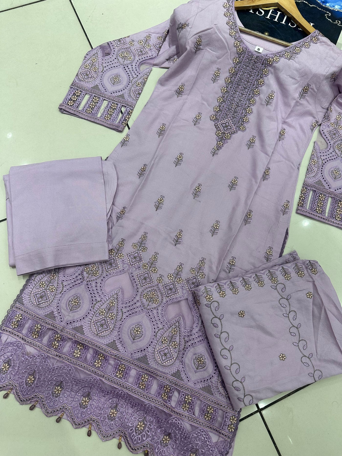 S Creations ‘Larisa’ | Embroidered Dhanak Readymade | SC150 (Lilac)