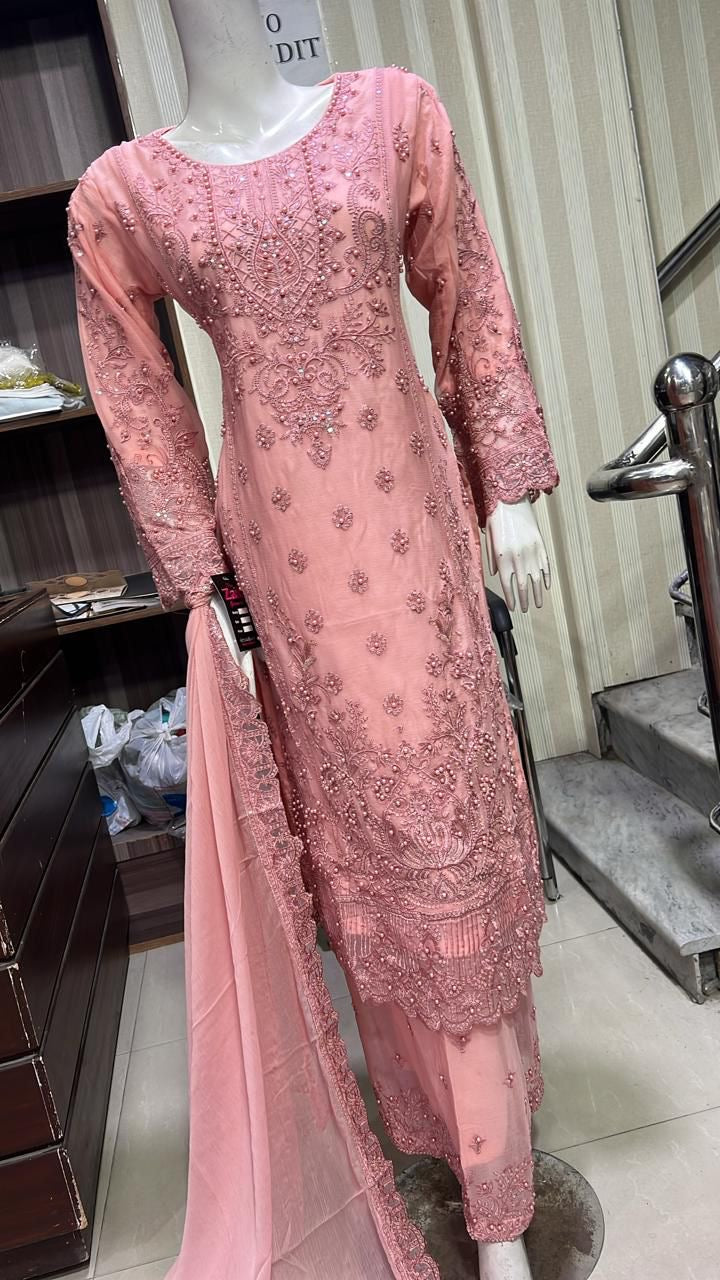 ShaZaib | Embroidered Chiffon Plazzo Readymade | SZ194 (Peach)