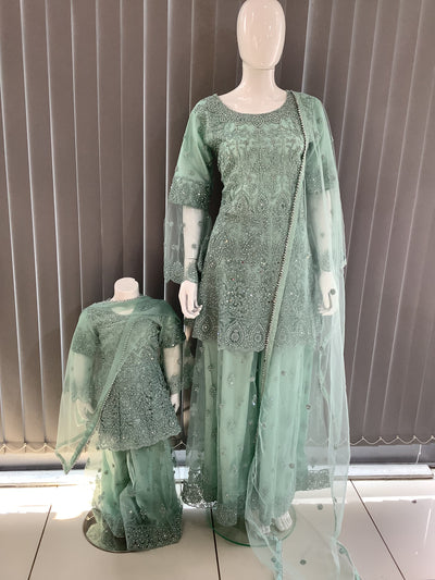 ASHA | Embroidered Hand Work Dress Mother & Daughter Ready To Wear Mint Green | AS70