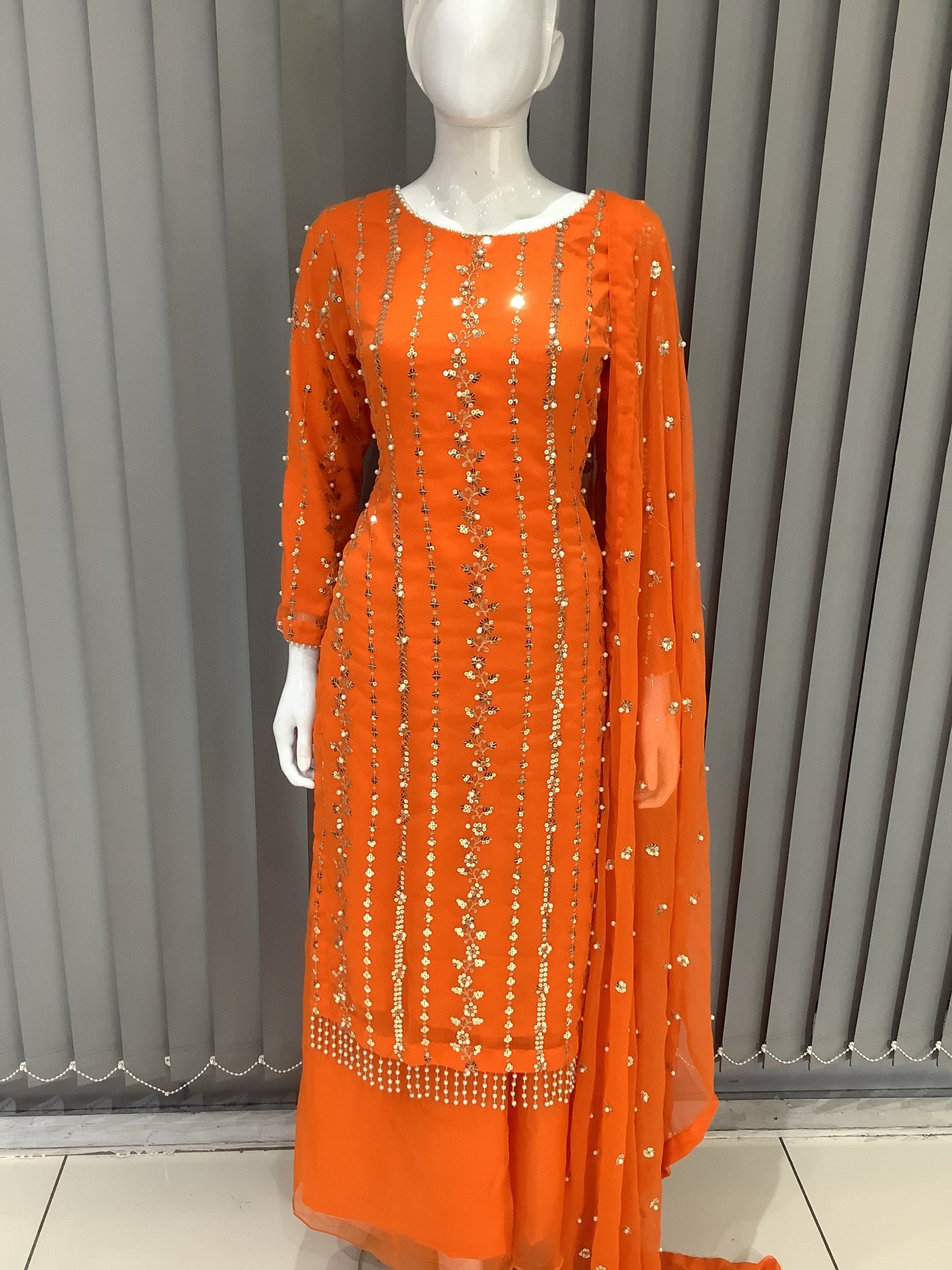 S Creations | Embroidered Chiffon Mother & Daughter Readymade | SC084 (Orange)