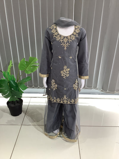 ASHA | Embroidered Hand Work Kids Ready To Wear Grey| AS61