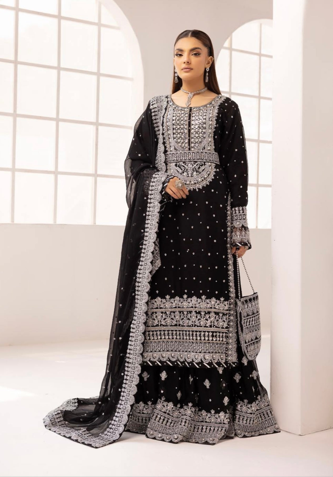 SIMRANS ‘Sanam’ | Embroidered Chiffon Farshi Readymade | SM649 (Black)