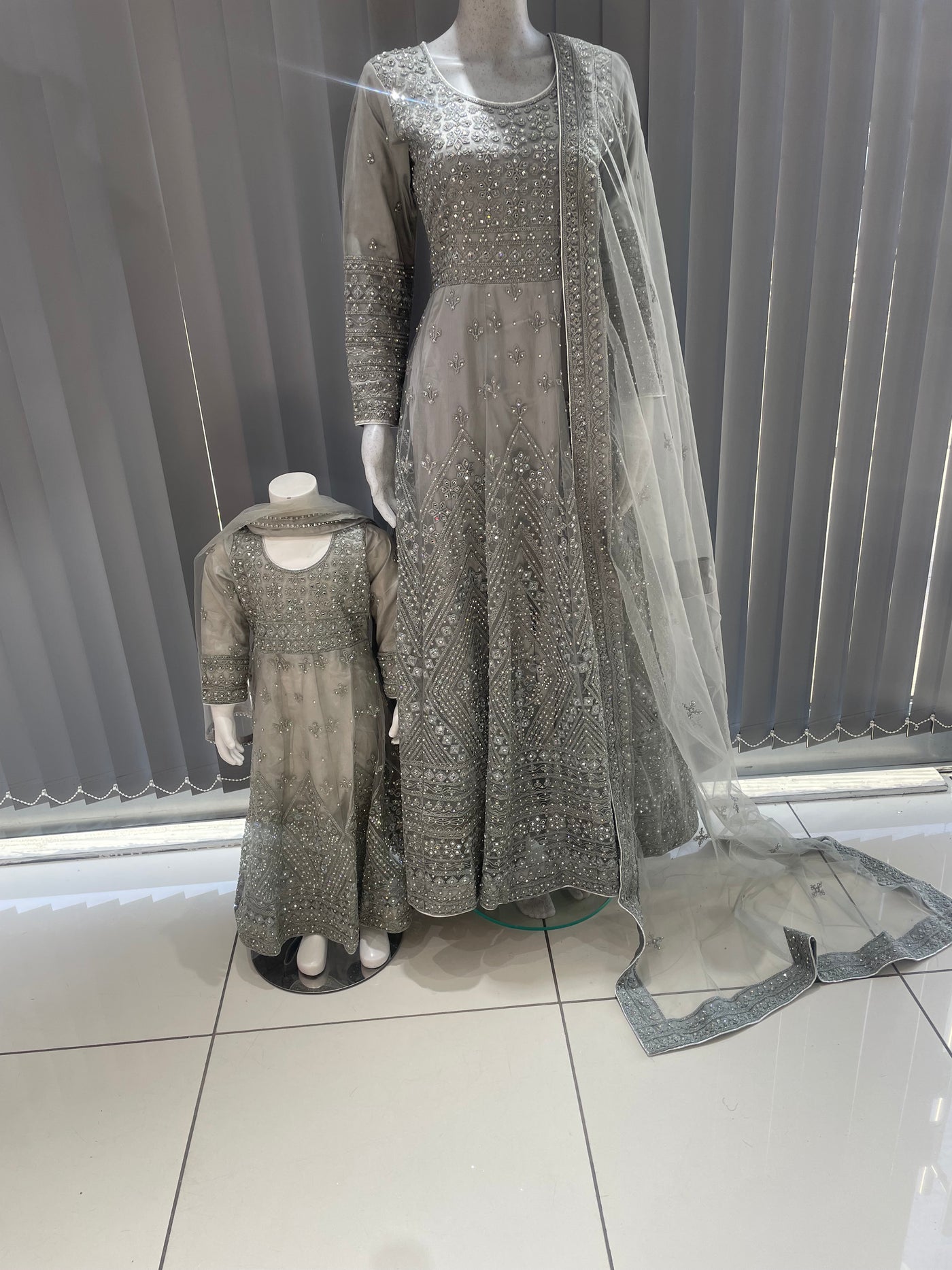 ASHA | Embroidered Net Mother & Daughter Ready To Wear Grey | AS73