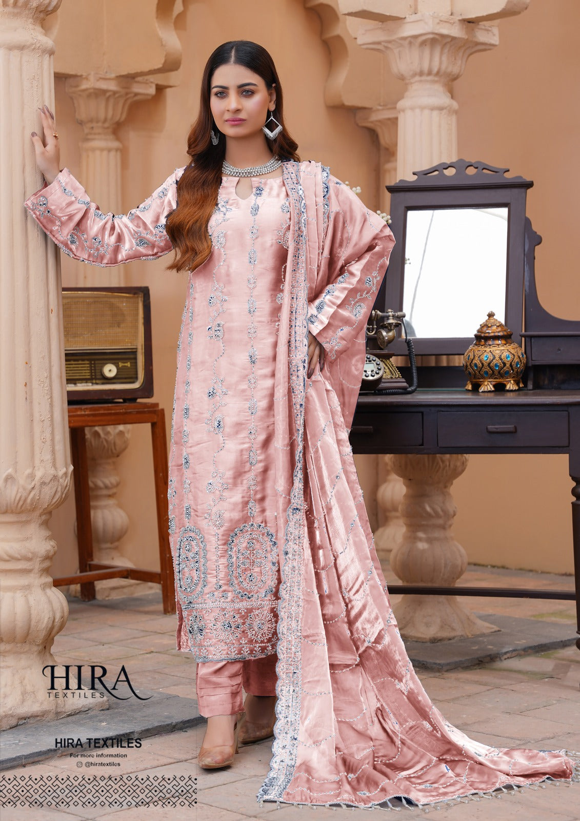 S Creations ‘Eliza’ | Embroidered Silk Readymade | SC119 (Peach)