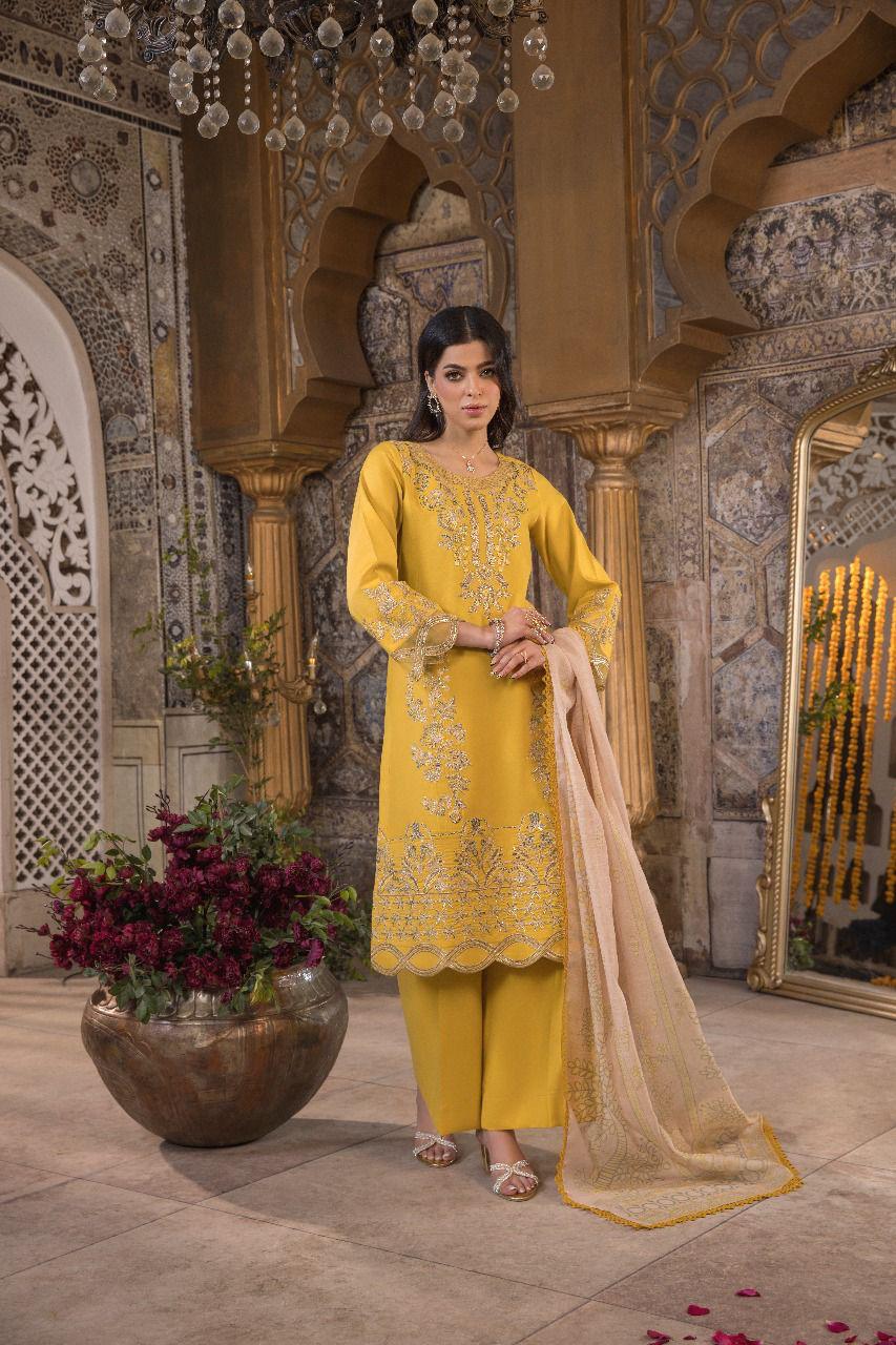 HEERAS | Luxury Embroidered Cambric Cotton Eid Readymade | HSS017 (Mustard)