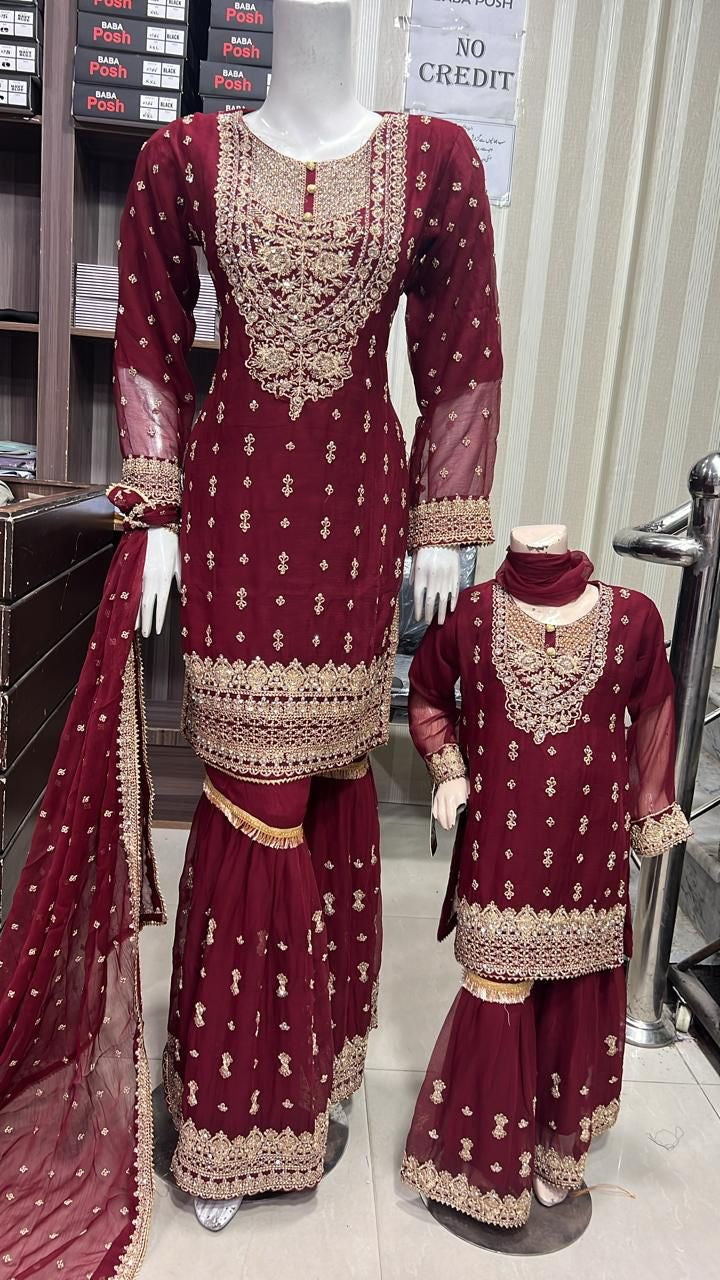 ShaZaib | Embroidered Chiffon Shararah Mother & Daughter Readymade | SZ192 (Maroon)