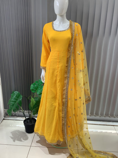 ASHA | Embroidered Chiffon Dress Mother & Daughter Readymade Yellow | AS63