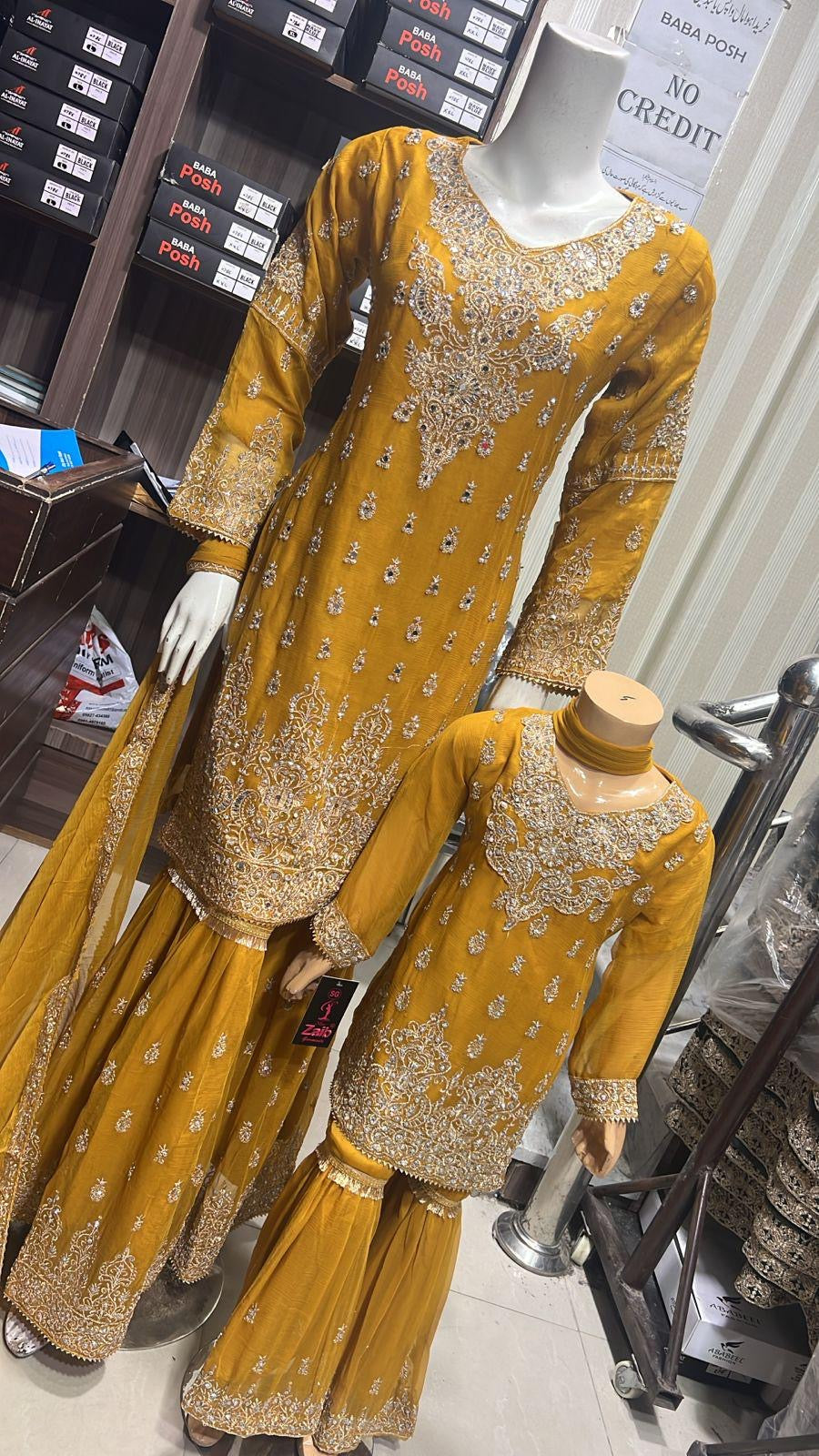 ShaZaib | Embroidered Chiffon Shararah Mother & Daughter Readymade | SZ196 (Mustard)