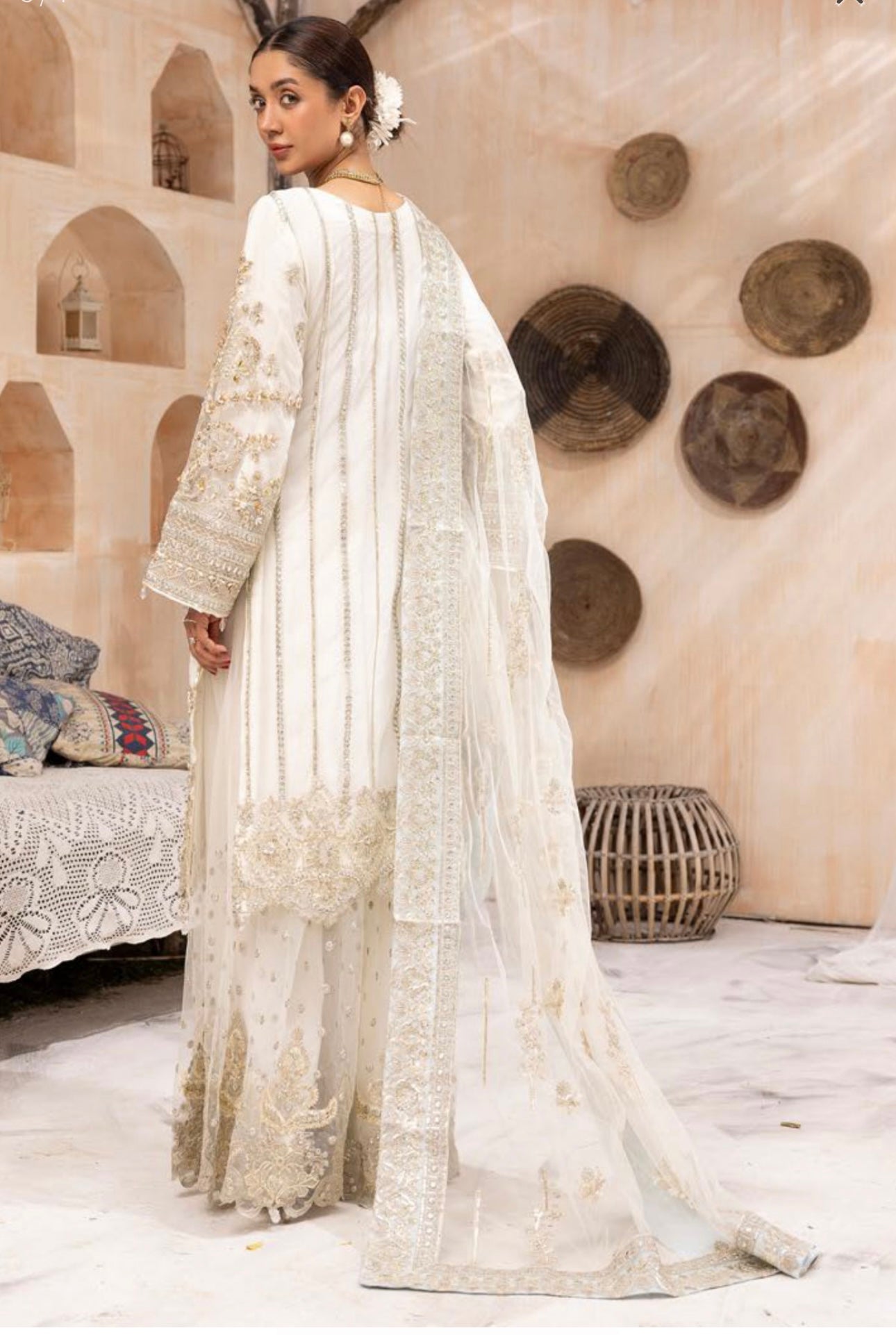 ‘Imrozia Inspired’ | Embroidered Net Readymade | SM686 (White)