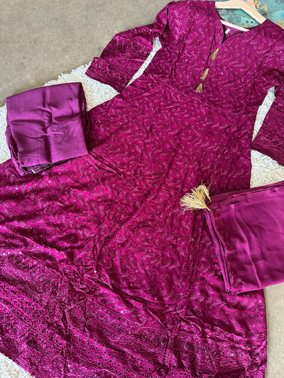 S Creations ‘Farah’ | Embroidered Sequins Linen Readymade | SC109 (Purple)