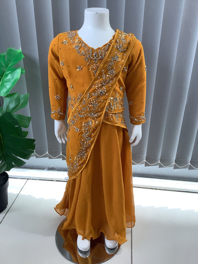 ASHA | Embroidered Chiffon Saree Mother & Daughter Readymade Mustard | AS55