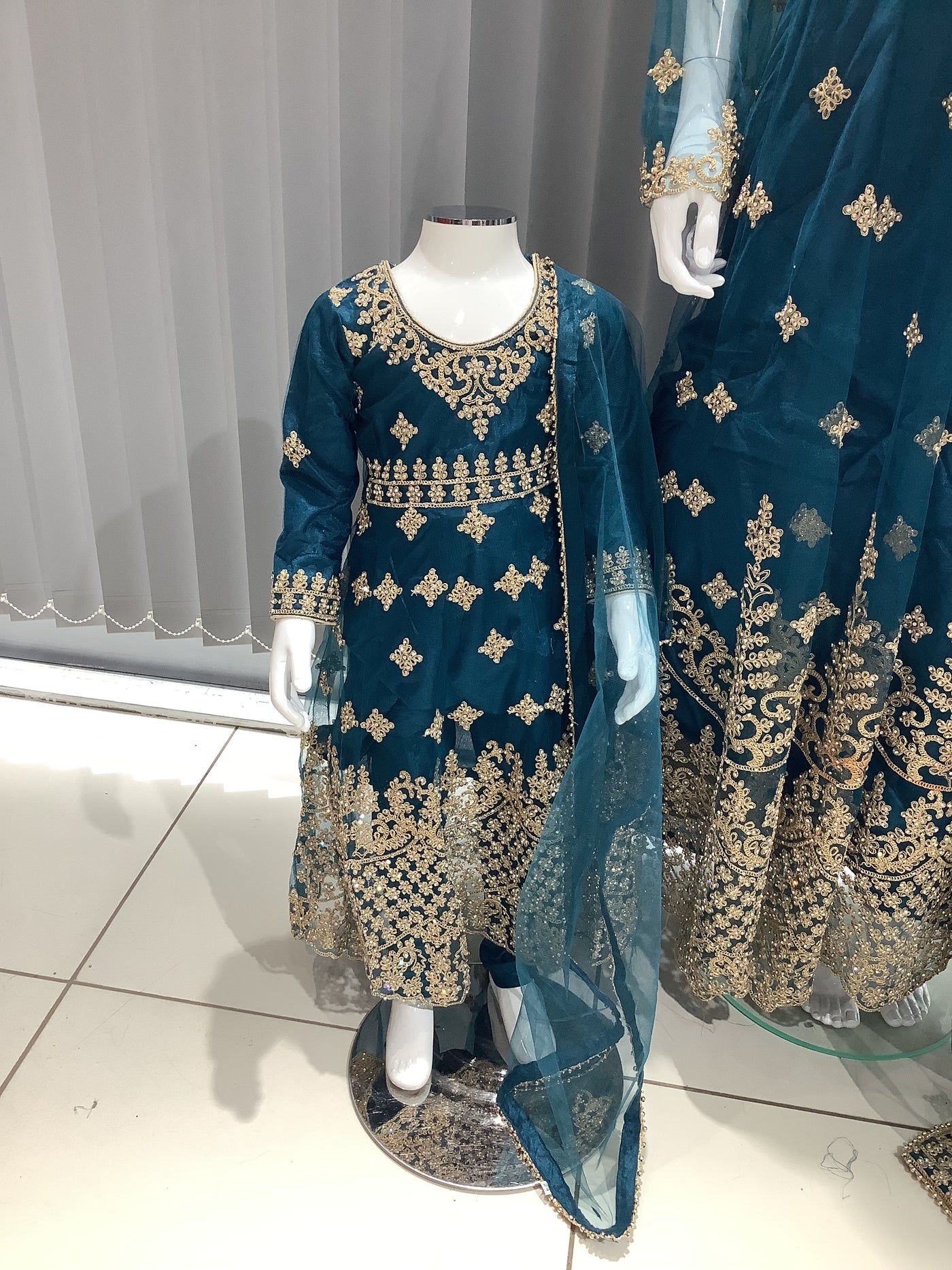 ASHA | Embroidered Net Dori Work Mother & Daughter Dress Ready To Wear Teal | AS65