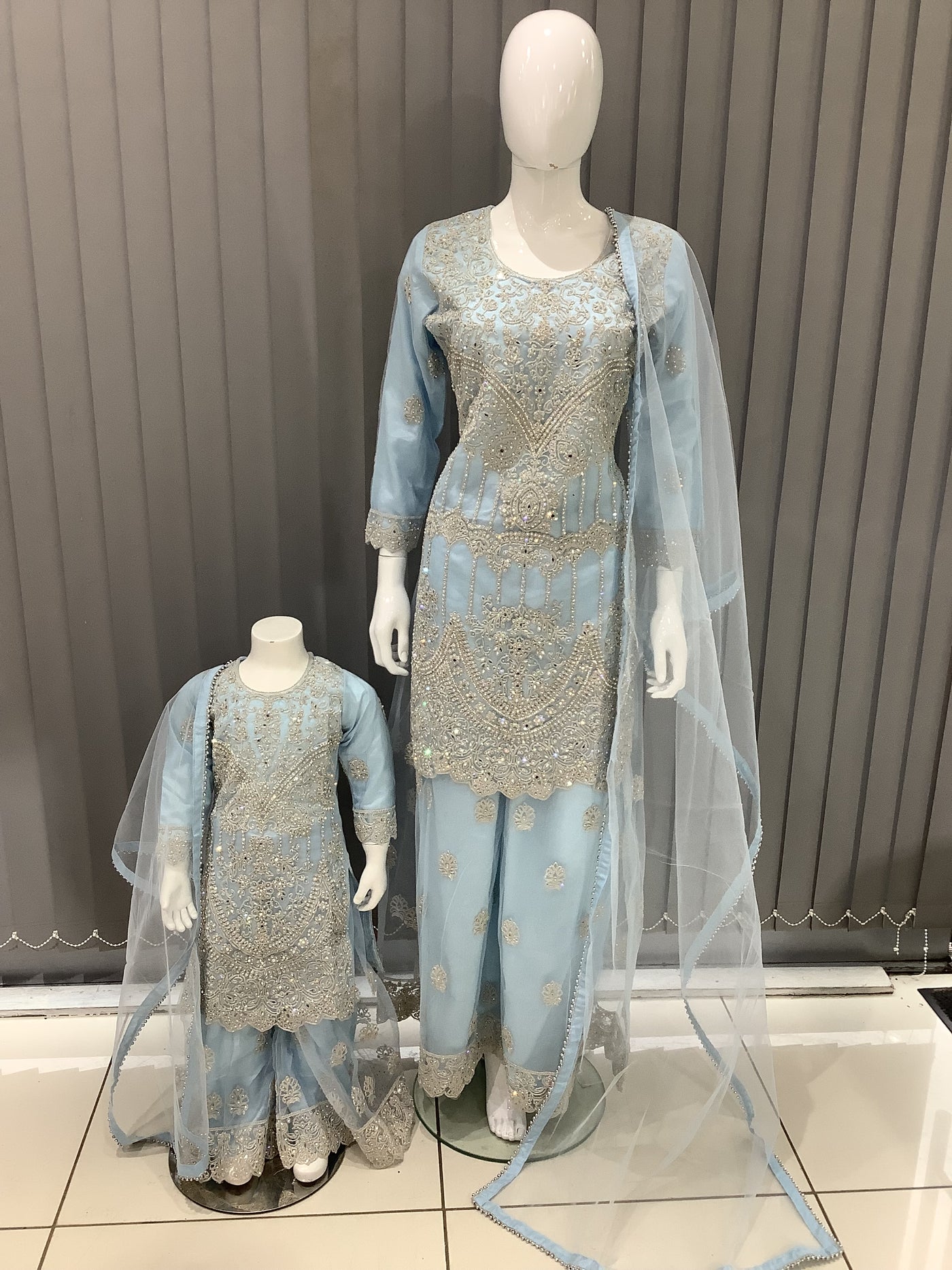 ASHA | Embroidered Net Mother & Daughter Ready To Wear Light Blue | AS74