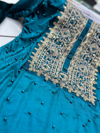 Teal Embroidered Korean Velvet  Readymade | RGZ007 Womenswear Dress