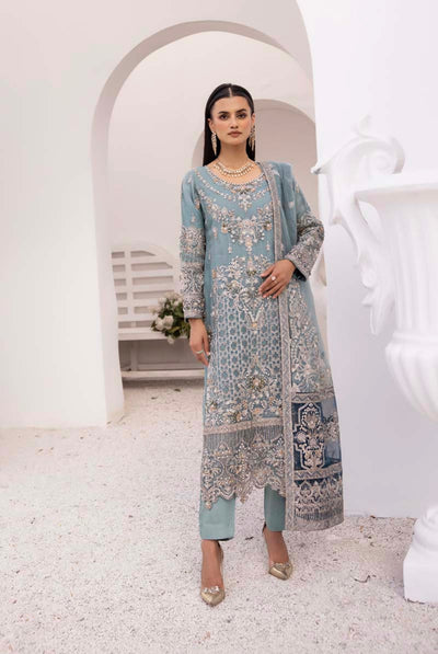 ‘Imrozia Inspired’ | Embroidered Net Readymade | SM630 (Blue)