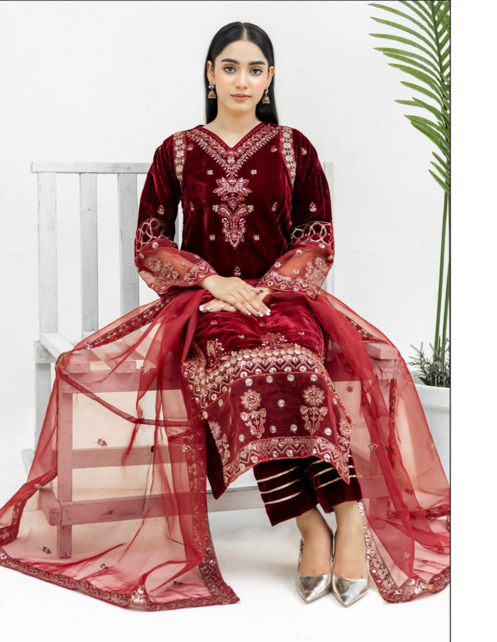 Maroon Embroidered Velvet Readymade |