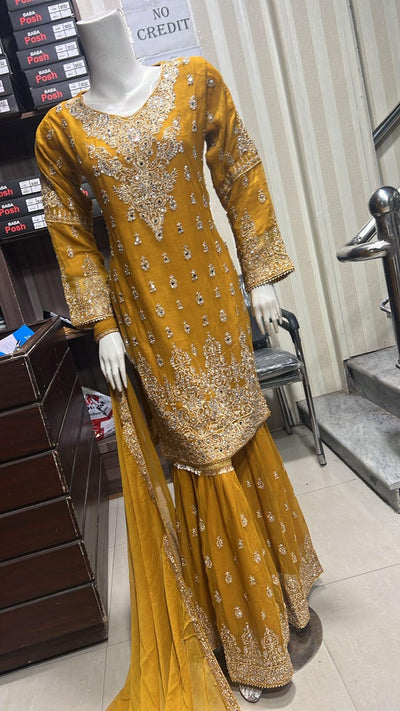 ShaZaib | Embroidered Chiffon Shararah Mother & Daughter Readymade | SZ196 (Mustard)