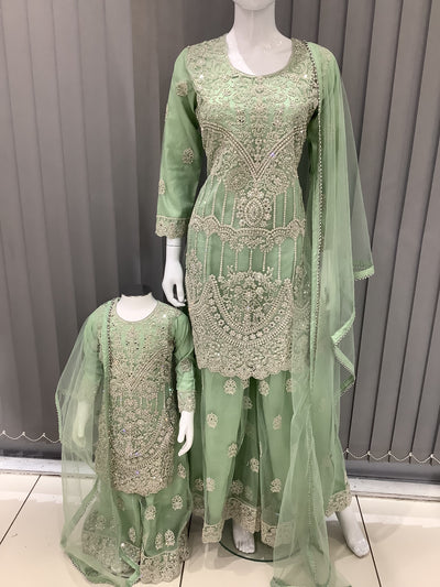 ASHA | Embroidered Net Mother & Daughter Ready To Wear Mint | AS74