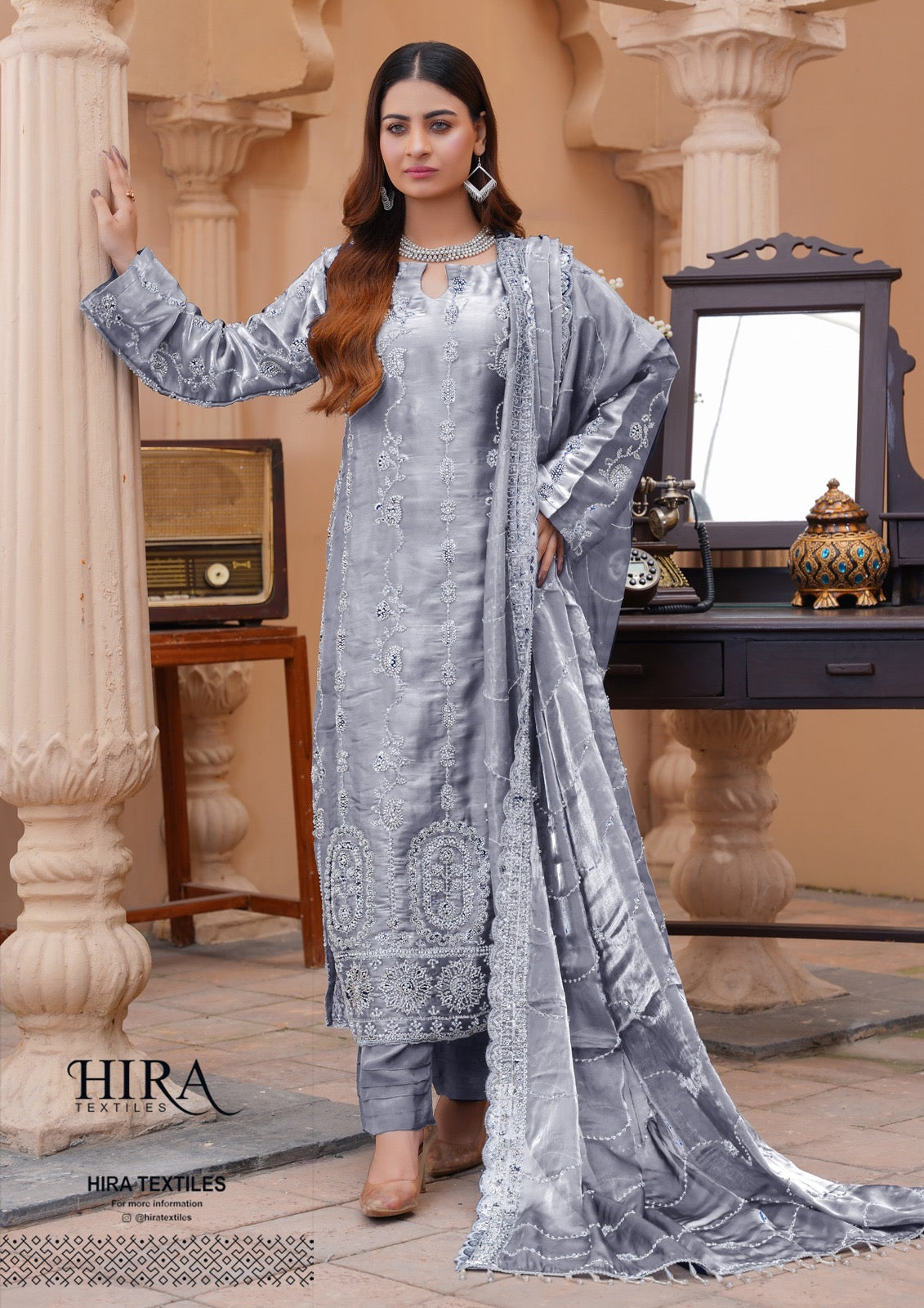 S Creations ‘Eliza’ | Embroidered Silk Readymade | SC119 (Grey)