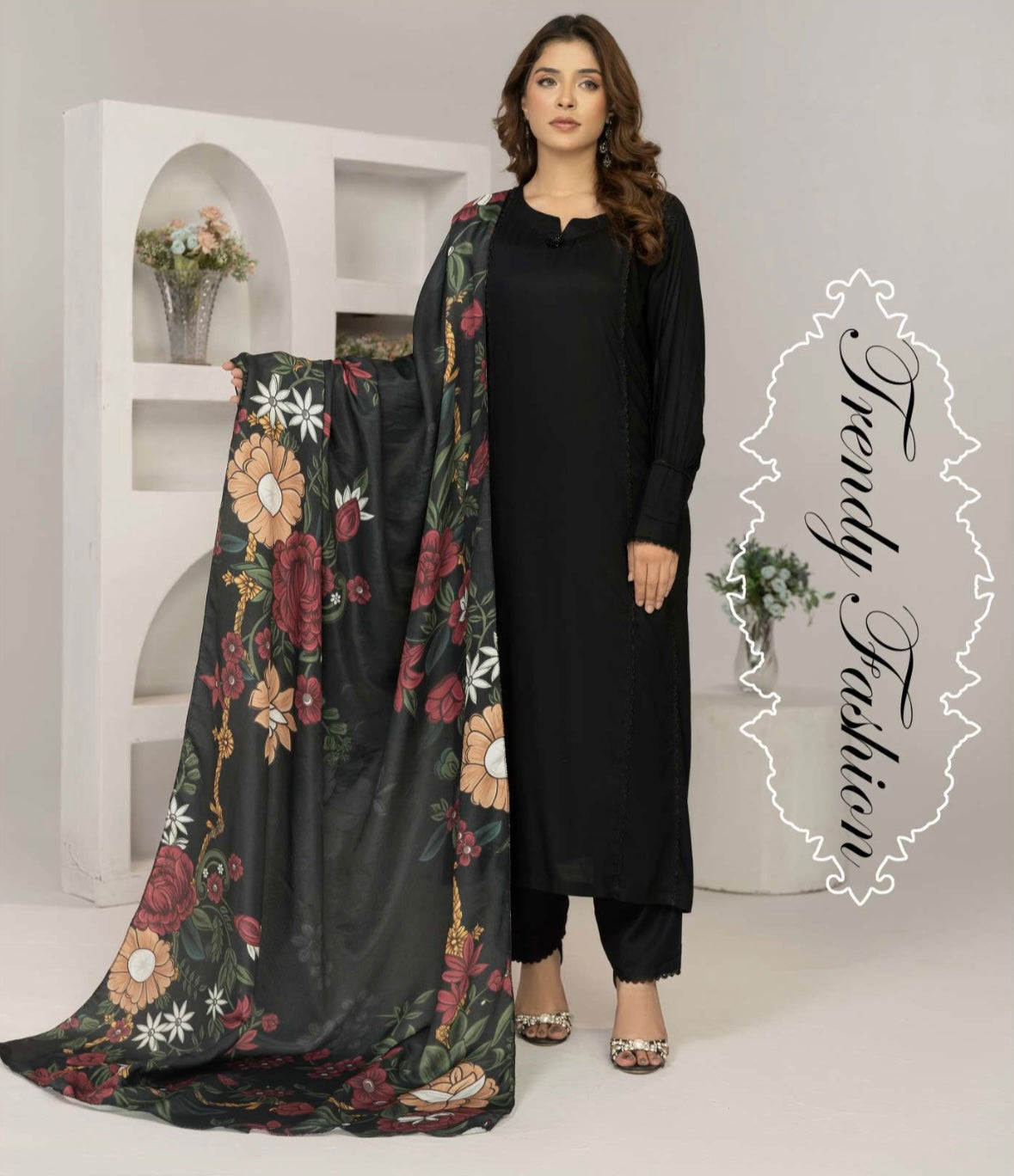 SIMRANS ‘Suffuse’ | Embroidered Twill Linen Shawl Readymade | SM705 (Black)