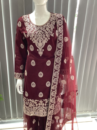 ASHA | Embroidered Net Dori Work Mother & Daughter Dress Ready To Wear Burgundy| AS66