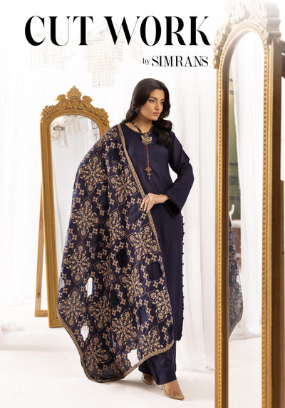 SIMRANS ‘Laserkari’ | Embroidered Dhanak Readymade | SM747 (Blue)