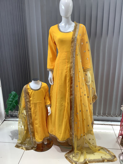 ASHA | Embroidered Chiffon Dress Mother & Daughter Readymade Yellow | AS63