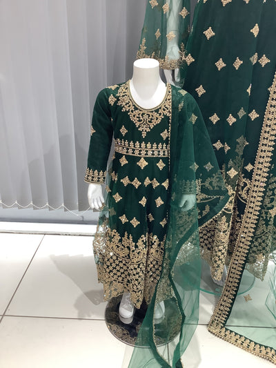 ASHA | Embroidered Net Dori Work Mother & Daughter Dress Ready To Wear Green | AS65