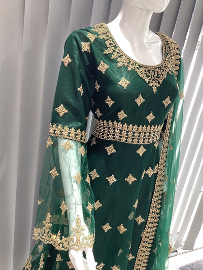 ASHA | Embroidered Net Dori Work Mother & Daughter Dress Ready To Wear Green | AS65