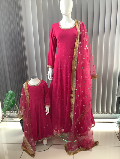 ASHA | Embroidered Chiffon Dress Mother & Daughter Readymade Pink | AS63