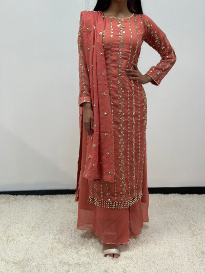 S Creations | Embroidered Chiffon Mother & Daughter Readymade | SC084 (Salmon Pink)