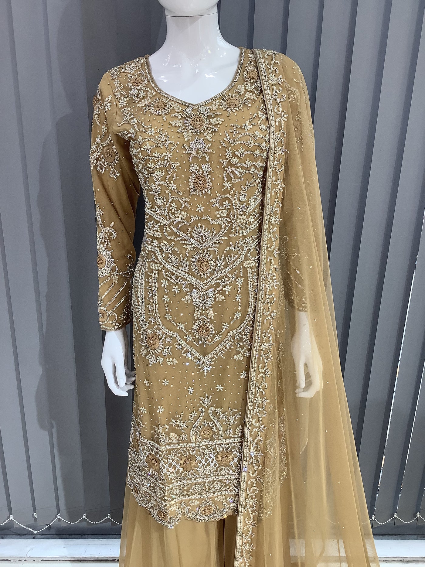 ASHA | Embroidered Dori Work Net Ready To Wear Gold | AS68