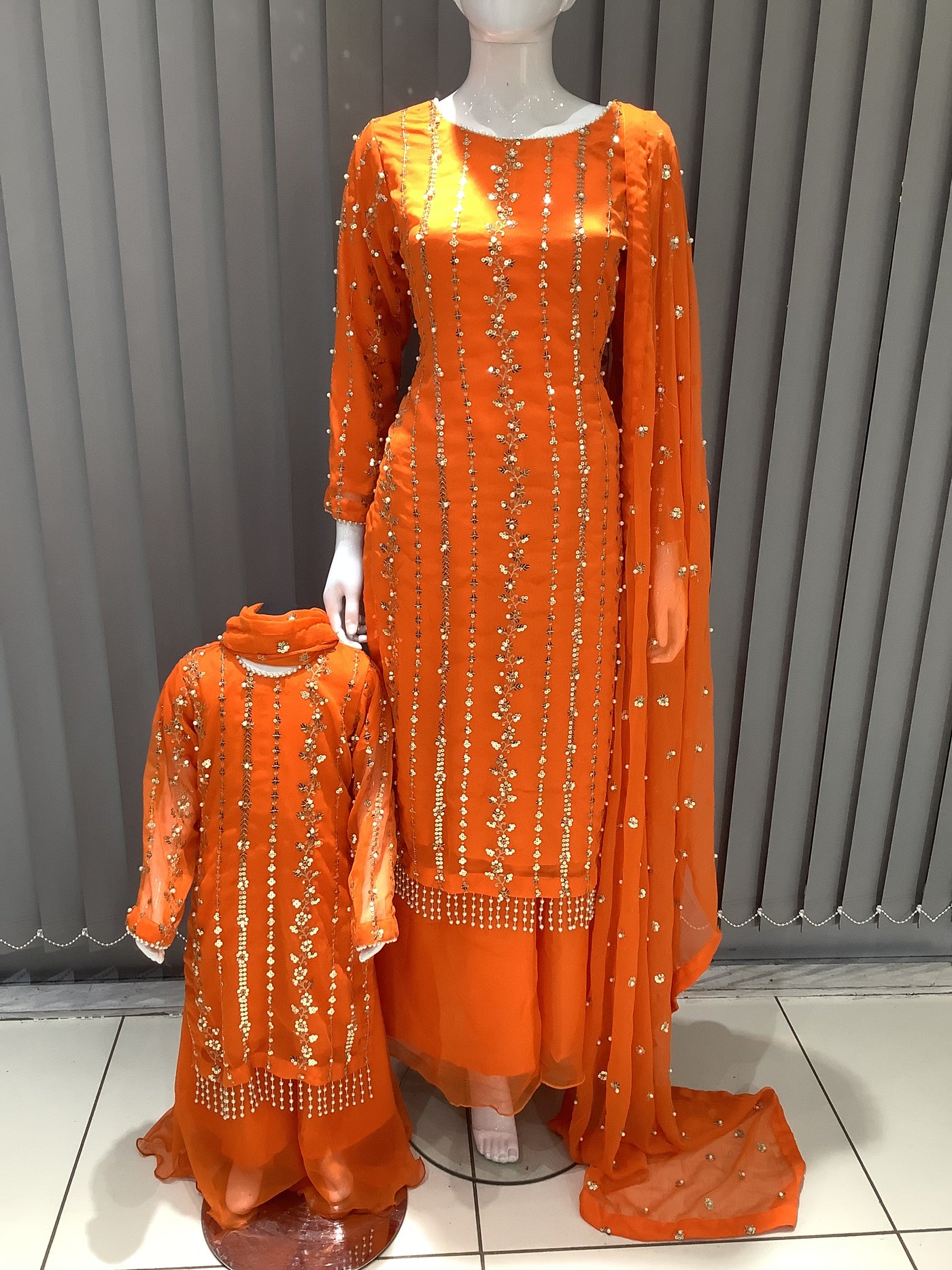 S Creations | Embroidered Chiffon Mother & Daughter Readymade | SC084 (Orange)