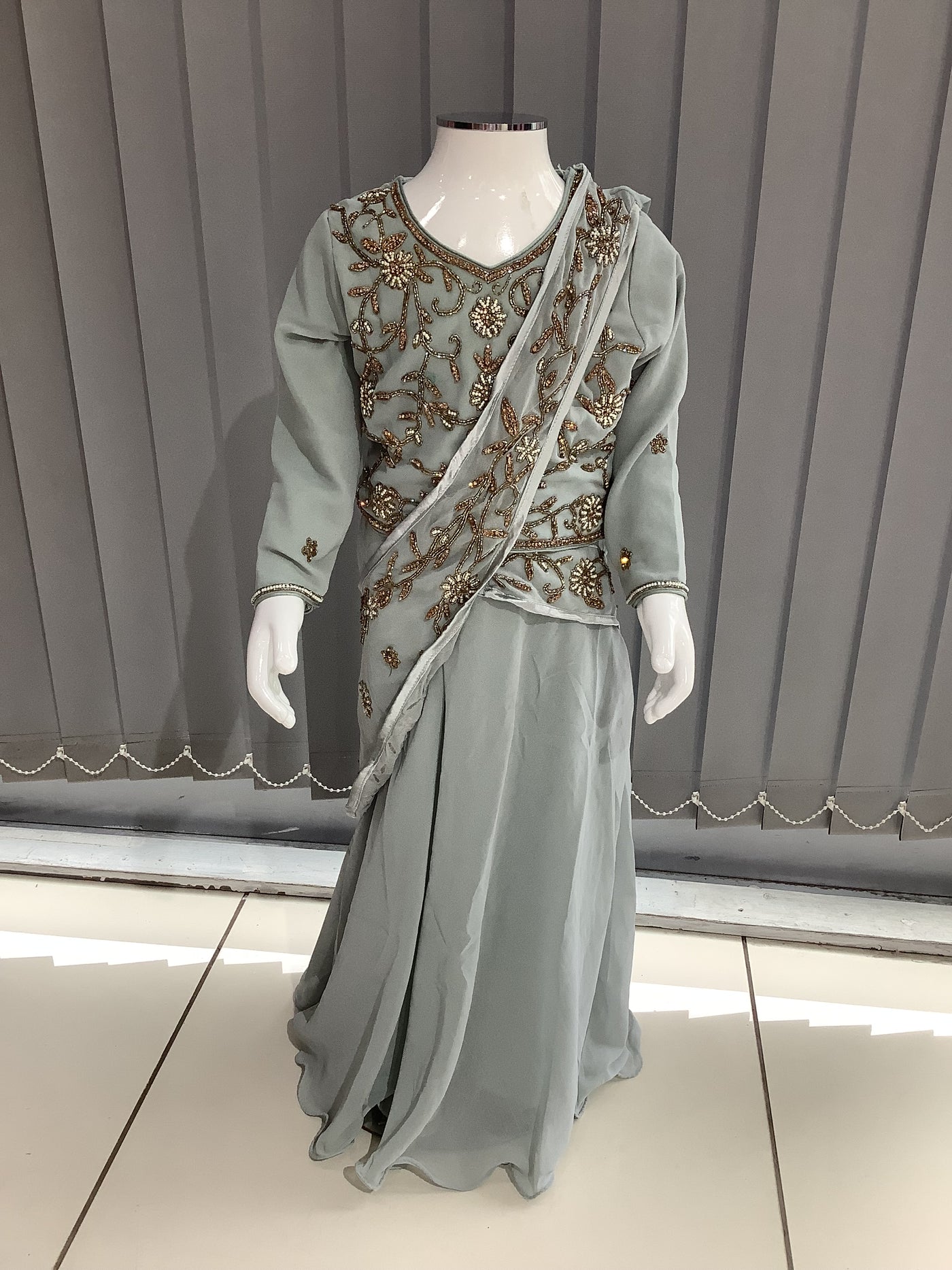 ASHA | Embroidered Chiffon Saree Kids Readymade Grey| AS64