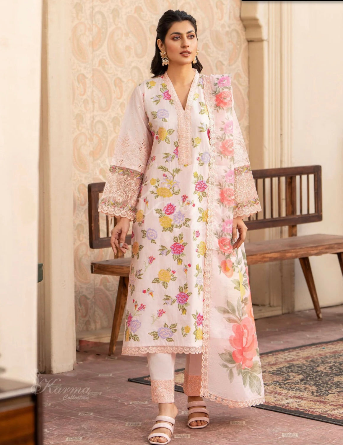 KARMA ‘Kayseria Vol 1’ | Embroidered Cotton Readymade | KC-1413 (Pastel Peach)