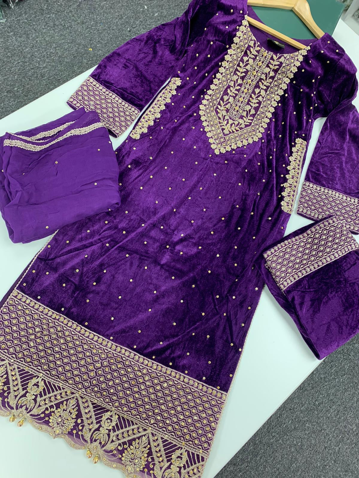 S Creations ‘Urwa’ | Embroidered Velvet Readymade | SC138 (Purple)