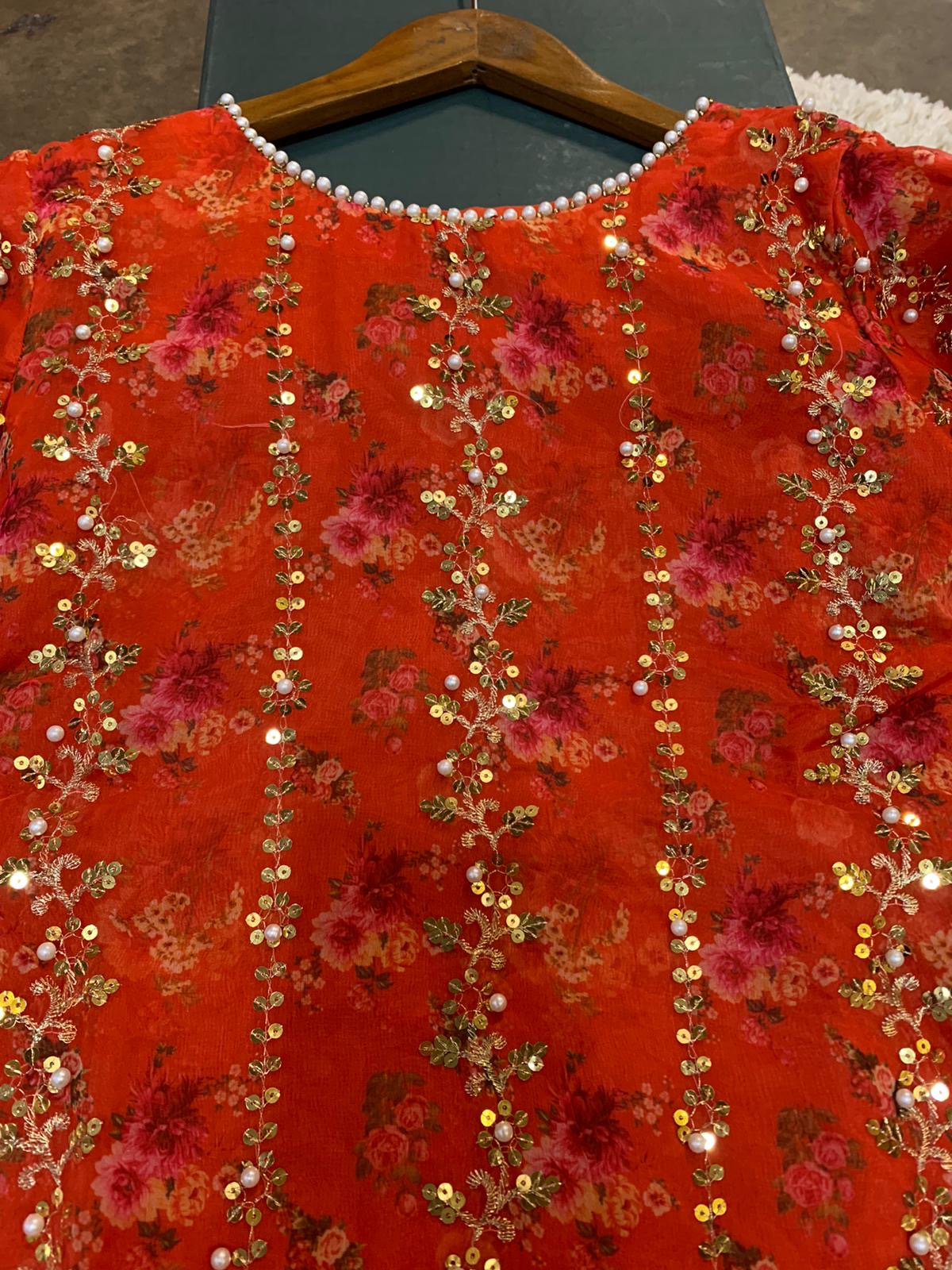 S Creations ‘Nisa’ | Embroidered Organza Digital Print Readymade | SC131 (Orange)