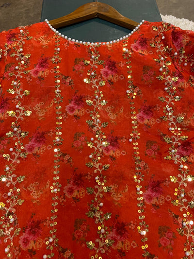 S Creations ‘Nisa’ | Embroidered Organza Digital Print Readymade | SC131 (Orange)