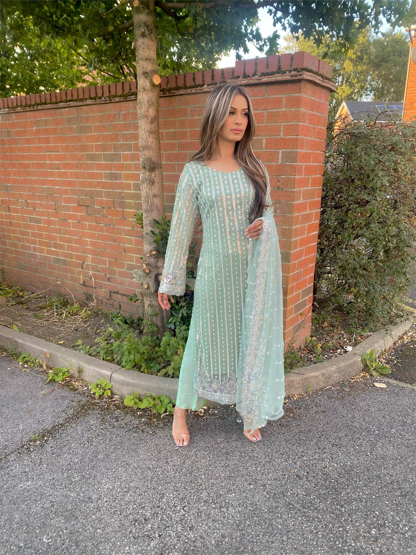 S Creations ‘ALIYNA’ | Embroidered Net Readymade | SC100 (Mint Green)