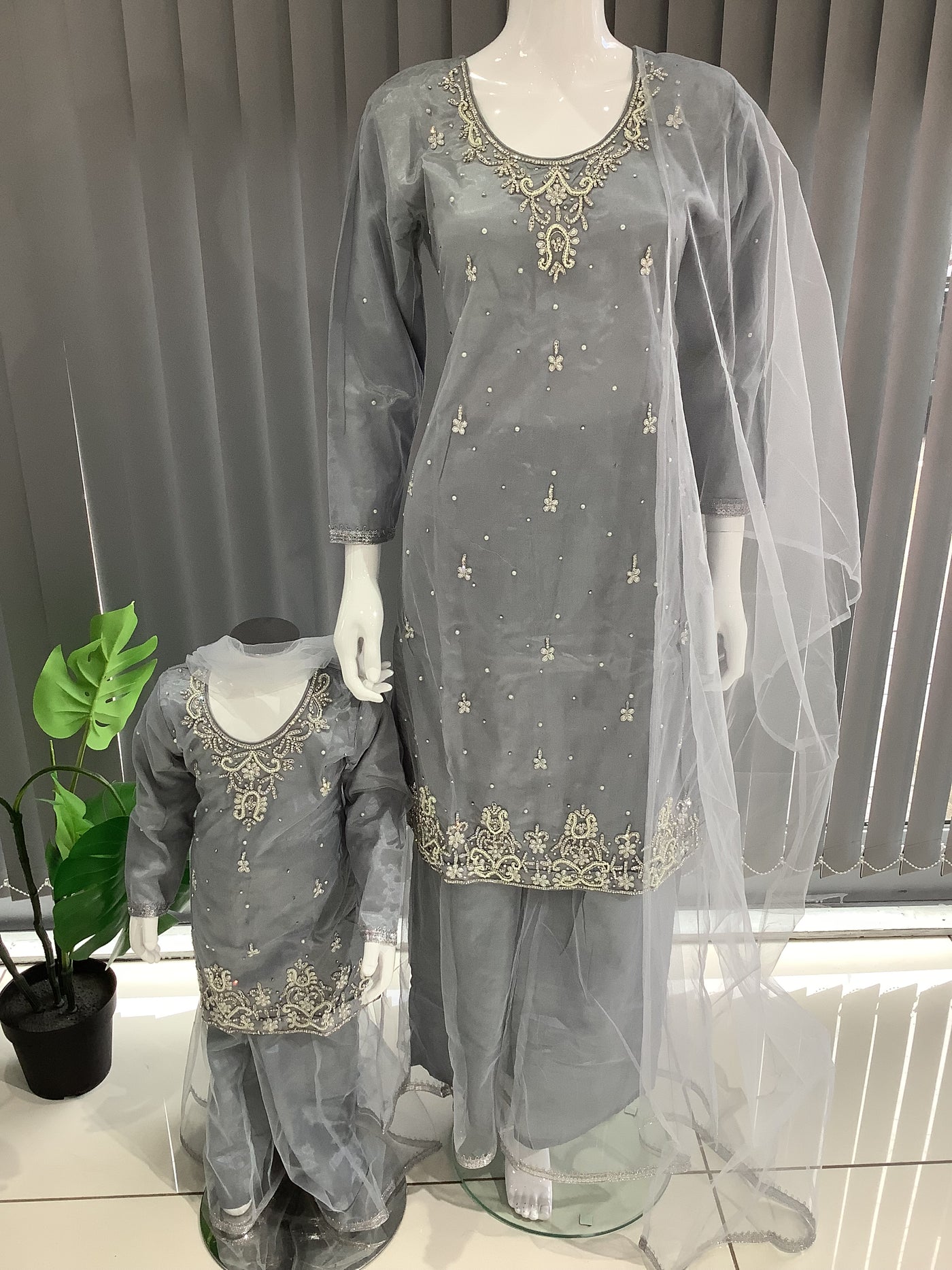 ASHA | Embroidered Hand Work Mother & Daughter Ready To Wear Grey | AS60