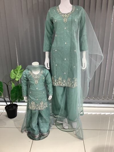 ASHA | Embroidered Hand Work Mother & Daughter Ready To Wear Teal | AS60