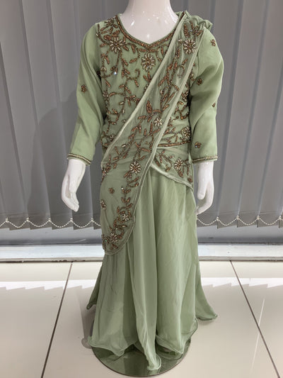 ASHA | Embroidered Chiffon Saree Kids Readymade Mint| AS64