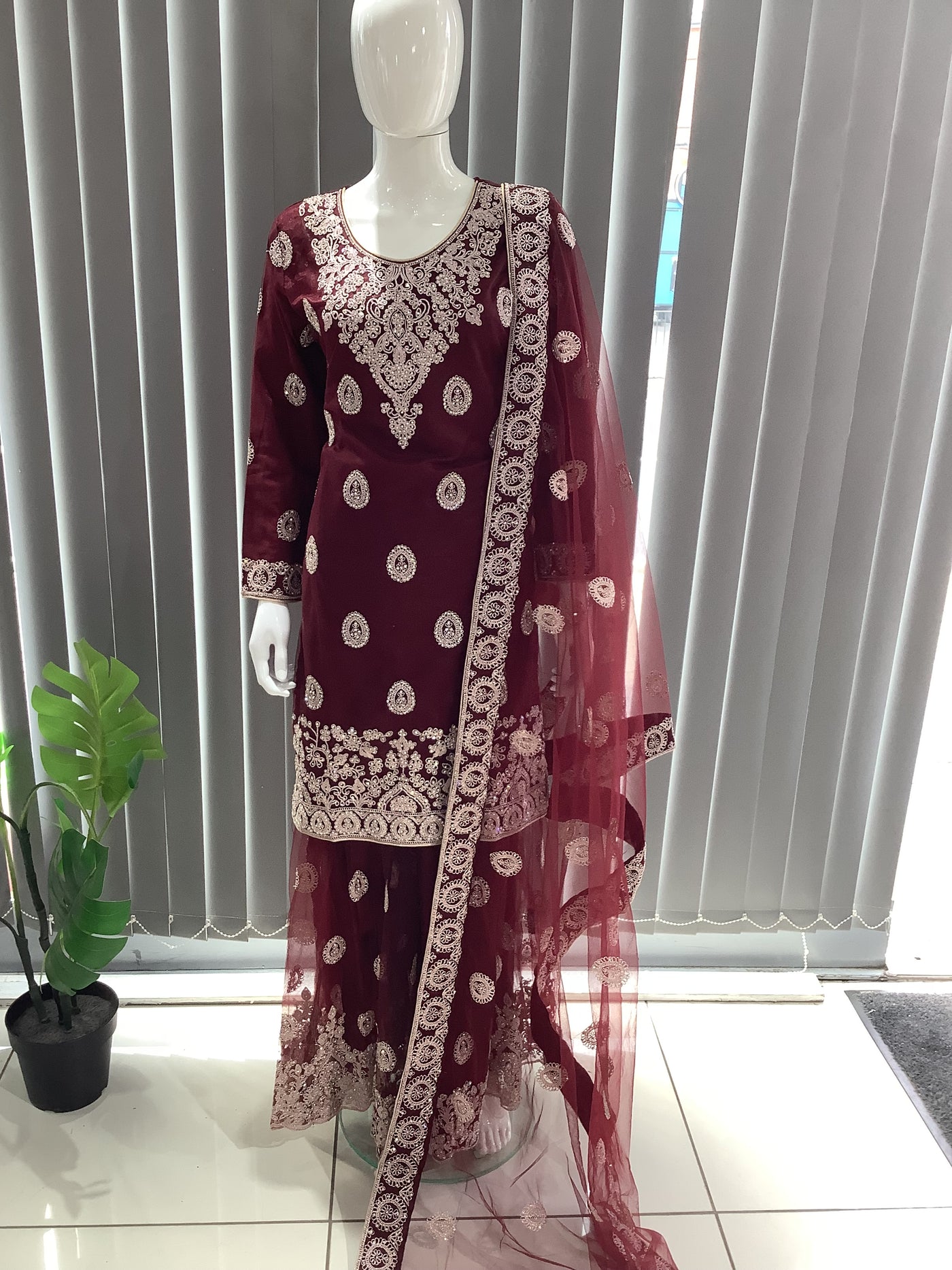 ASHA | Embroidered Net Dori Work Mother & Daughter Dress Ready To Wear Burgundy| AS66