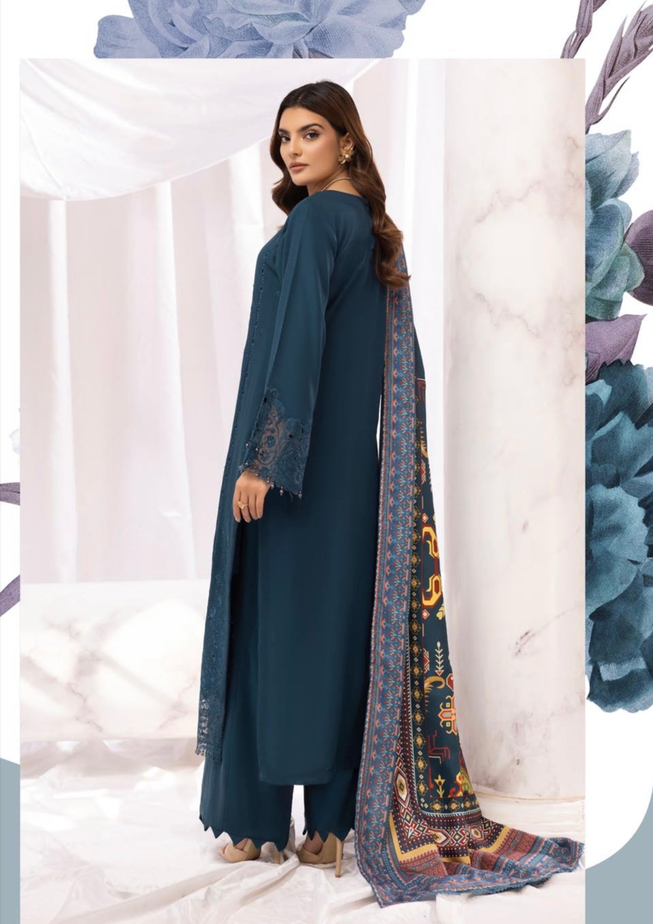 SIMRANS ‘Aafreen’ | Embroidered Dhanak Chikankari Readymade | SM714 (Teal)