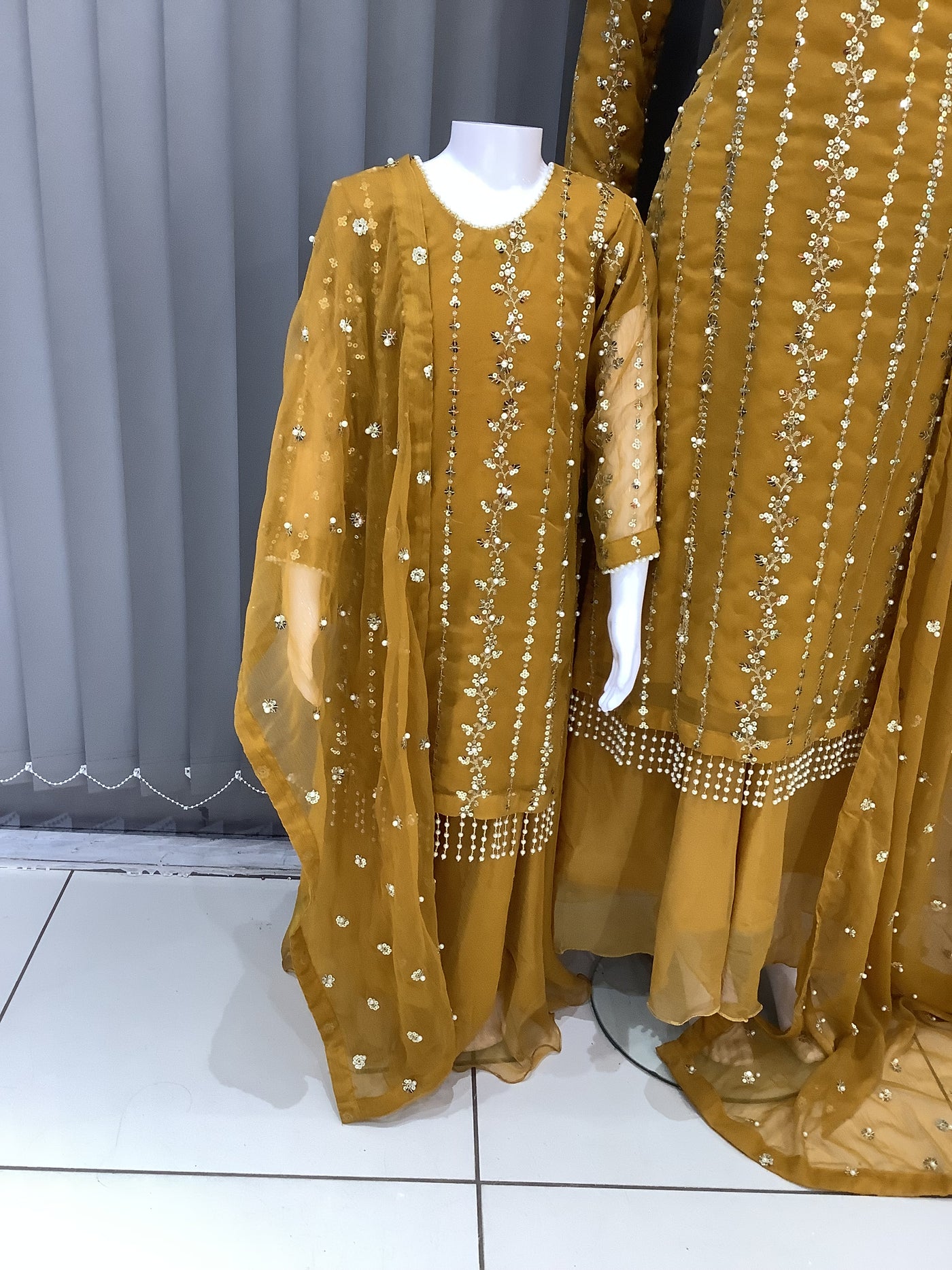 S Creations | Embroidered Chiffon Mother & Daughter Readymade | SC084 (Mustard)